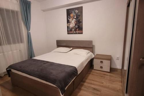 ein Schlafzimmer mit einem Bett und einem Bild an der Wand in der Unterkunft Apartament Sânpetru-Brașov in Sînpetru