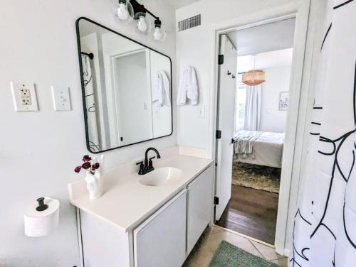 un baño con lavabo y espejo en Stylish Retreat - 4 Min Downtown, en Greenville