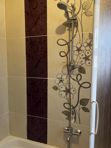 a shower in a bathroom with a design on the wall at Sweet Home in Cairo