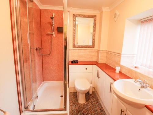 a bathroom with a shower and a toilet and a sink at 22 Beckside in Sudbrooke