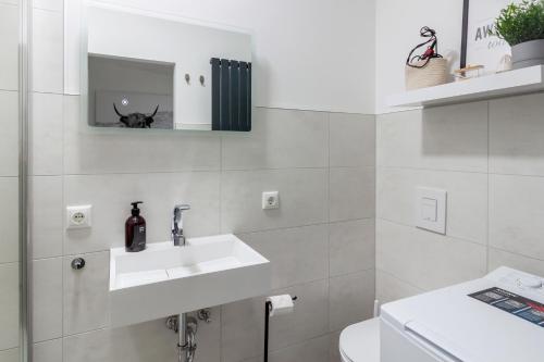 Ferienwohnung Domspatz mit Klimaanlage في ماغدبورغ: حمام أبيض مع حوض ومرحاض