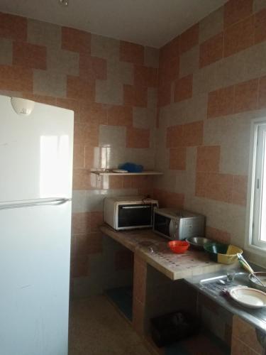 una cucina con frigorifero e bancone con forno a microonde di Mosaic House 24 a Raoued