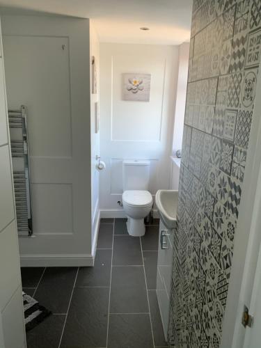 La salle de bains blanche est pourvue de toilettes et d'un lavabo. dans l'établissement The Poacher, à Stevenage