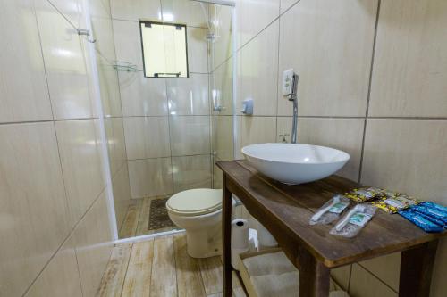 ein Bad mit einem Waschbecken, einem WC und einer Dusche in der Unterkunft Excelente chale com bela vista em Rio do Sul SC in Rio do Sul