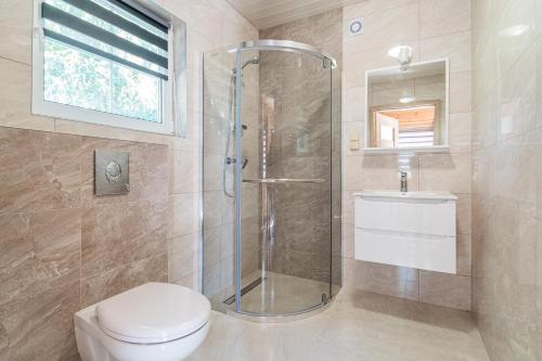 a bathroom with a shower and a toilet and a sink at Domek 7 osobowy piętrowy in Stegna