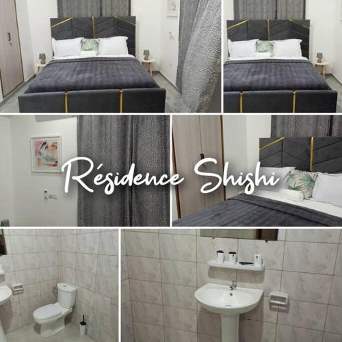 a collage of pictures of a bedroom with a bed and a sink at Résidence Shishi 3 in Avéfodzo