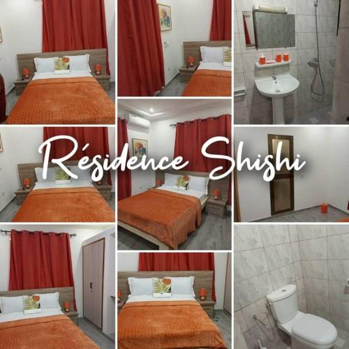 a collage of pictures of a bedroom with a red curtain at Résidence Shishi 3 in Avéfodzo