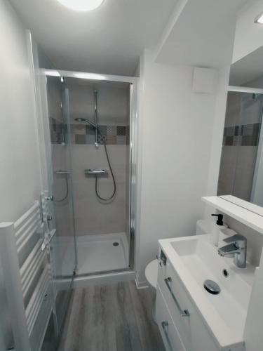 een witte badkamer met een douche en een wastafel bij O'ZEN - studio calme et lumineux avec jardin in Sablé-sur-Sarthe