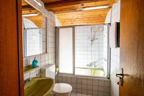 bagno con vasca verde, servizi igienici e finestra di Ferienwohnung Hötzelsperger a Prien am Chiemsee