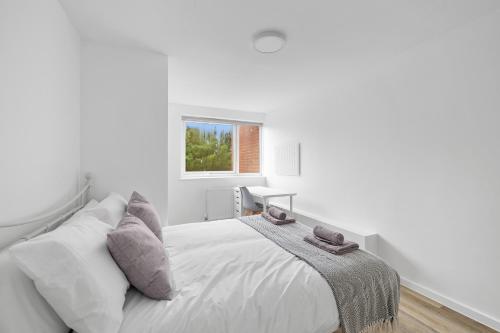 a white bedroom with a bed and a window at Spacious Free Parking Contractors and Corporate in Exeter