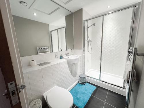 格拉斯哥的住宿－Duplex Apartment next to Hydro with Parking，浴室配有卫生间、盥洗盆和淋浴。