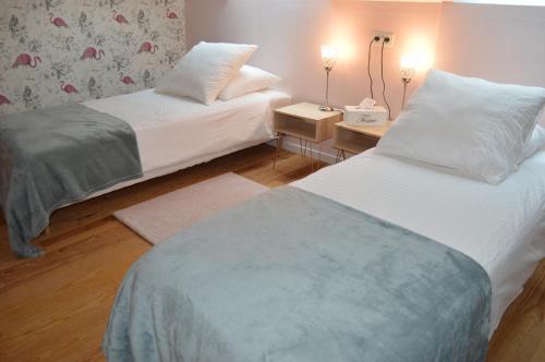 1 Schlafzimmer mit 2 Betten und 2 Tischen mit Lampen in der Unterkunft Mostarlic Vegan and Gluten free B&B in Bouconville