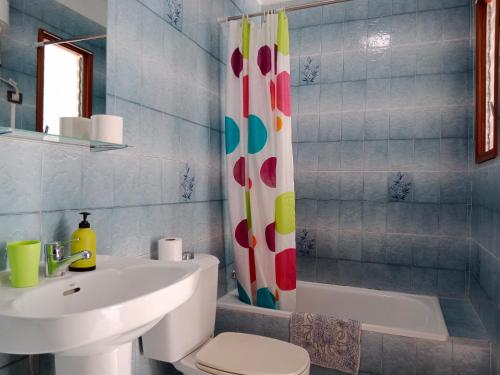a bathroom with a sink and a toilet and a shower curtain at La Palma Hostel by Pension Central in Fuencaliente de la Palma