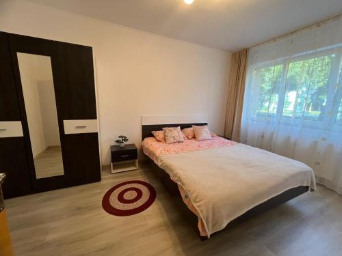 a bedroom with a bed and a large window at Aparthotel Brasov Neptun in Braşov