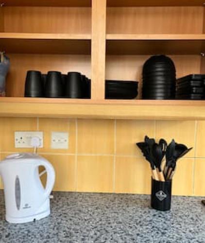 a kitchen with a counter top with a cupboard with dishes at Twin Tranquility- Room in Leyton in London