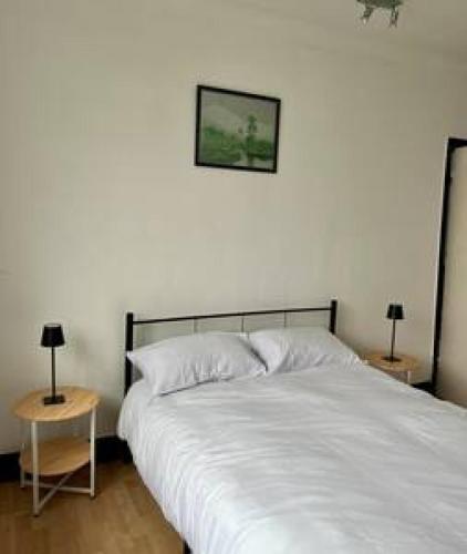 um quarto com uma grande cama branca e duas mesas em Pair Paradise Haven - Double room em Londres