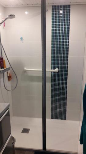 une douche avec une porte vitrée dans une salle de bain dans l'établissement LA PIGOUILLE - Proche mer, à Bretignolles-sur-Mer
