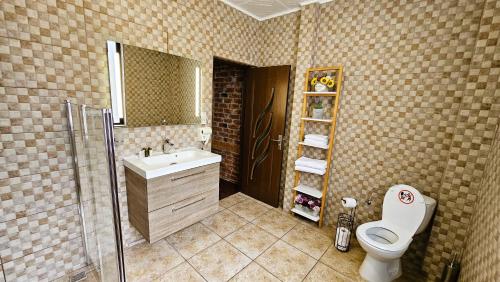een badkamer met een toilet, een wastafel en een douche bij Casa Catalea in Sinaia