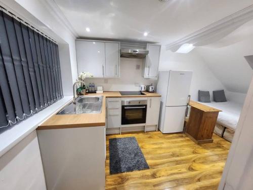 Una pequeña cocina con fregadero y refrigerador. en Bright and cosy loft converted studio apartment!, en Oxford
