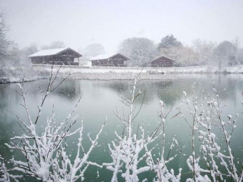 Watermeadow Lakes & Lodges في North Perrott: بحيرة مغطاة بالثلج مع بيوت في الخلفية