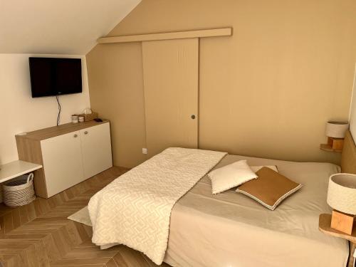 Il comprend une petite chambre avec un lit et une télévision à écran plat. dans l'établissement Studio tout confort Annecy, à Annecy