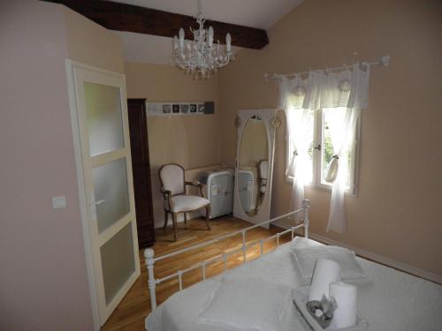 Villa Magnolia في سيلانس: غرفة نوم بسرير ومرآة