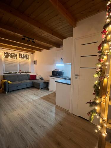 a kitchen and a living room with a christmas tree at Domek nad Popradem in Muszyna