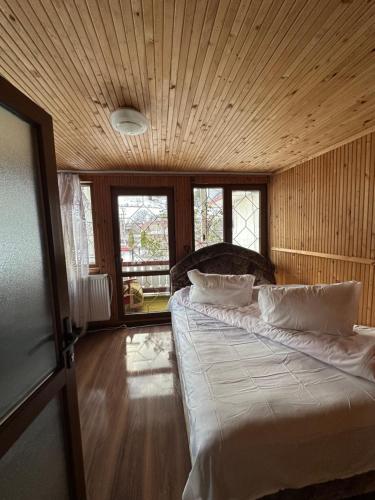 sypialnia z 2 łóżkami i drewnianym sufitem w obiekcie Pensiunea Stefan w mieście Durău