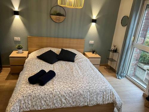 ein Schlafzimmer mit einem Bett mit zwei schwarzen Kissen darauf in der Unterkunft Adorable Appartement Strasbourg NEUDORF PARKING SOUS SOL in Straßburg