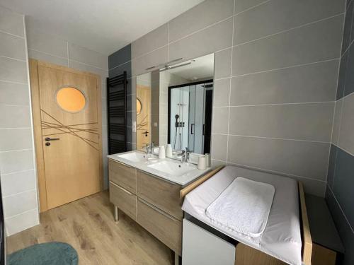 une salle de bain avec un lavabo et un miroir dans l'établissement Appartement lumineux avec balcon, à Gérardmer
