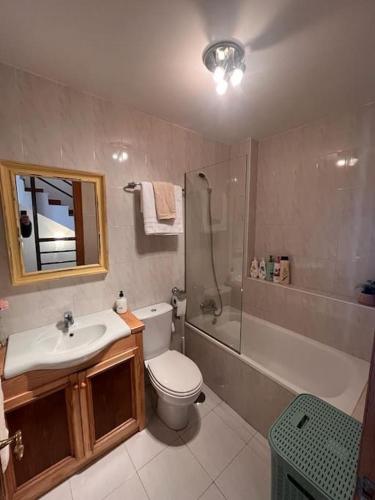 a bathroom with a sink and a toilet and a shower at Balcón del Cantábrico in Comillas