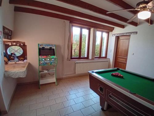 Zimmer mit einem Billardtisch in einem Zimmer mit einer Decke in der Unterkunft Des Beaux Instants in Soulosse-sous-Saint-Élophe