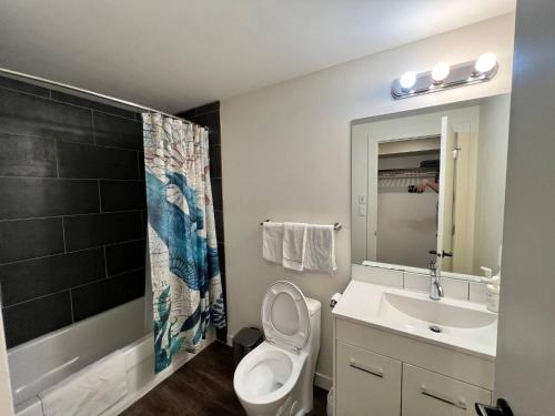 y baño con aseo y lavamanos. en Dt 1 Br 1bath Cozy Suite 8 Min Walk To Arena, en Edmonton