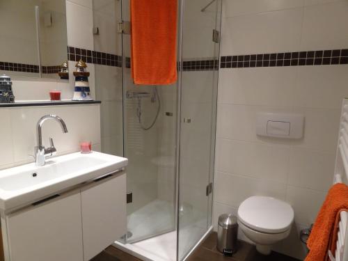 a bathroom with a shower and a sink and a toilet at Yachthafenresidenz-Wohnung-8203-851 in Kühlungsborn