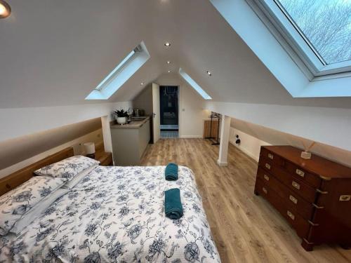 a large bedroom with a bed and a skylight at Garage loft conversion Killinchy in Killinchy