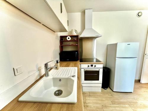 a kitchen with a sink and a refrigerator at Spacieux T2 avec extérieur in Marignier