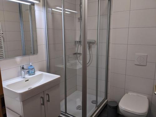 a bathroom with a shower and a sink and a toilet at Yachthafenresidenz-Wohnung-7203-839 in Kühlungsborn