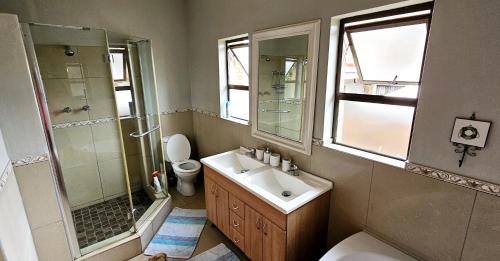 a bathroom with a sink and a shower and a toilet at Ankervas in Morganʼs Bay
