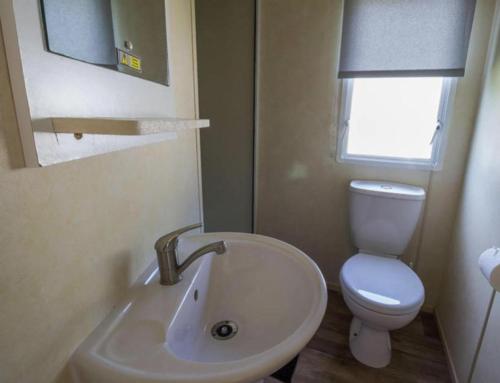 a bathroom with a sink and a toilet at Immaculate 3-Bed Caravan with Hot Tub in Lincoln