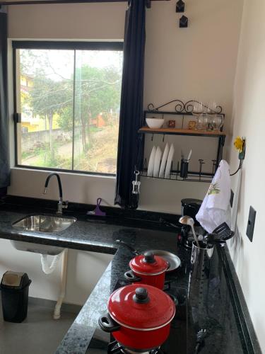 a kitchen with a stove with two red pots on a counter at Studios Pinhal in Santo Antônio do Pinhal