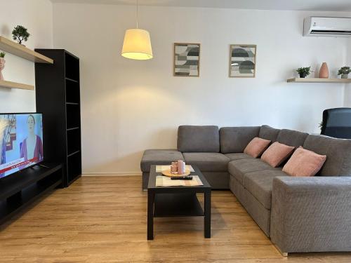 Lipatti 15 Apartments by GLAM LUXURY في تيميشوارا: غرفة معيشة مع أريكة وتلفزيون