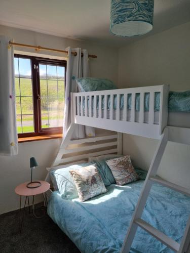 a bedroom with two bunk beds and a blue bed at Sandpiper Cottage: cosy home near the beach in Woolacombe