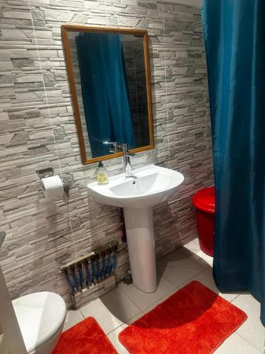 een badkamer met een wastafel, een toilet en een spiegel bij Chez Thythy in Bouéni