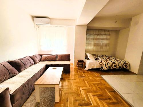 sala de estar con sofá y cama en Cozy studio apartment near the city park en Strumica