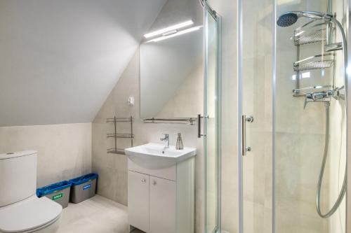 a bathroom with a shower and a toilet and a sink at Willa Aga in Dębki