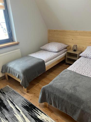 a bedroom with two twin beds and a window at Apartament u Mrugały in Biały Dunajec