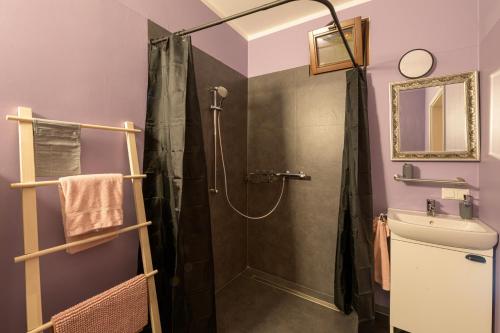 a bathroom with a shower and a sink at Gästehaus Villa Fliedner - Das Kutscherhaus 