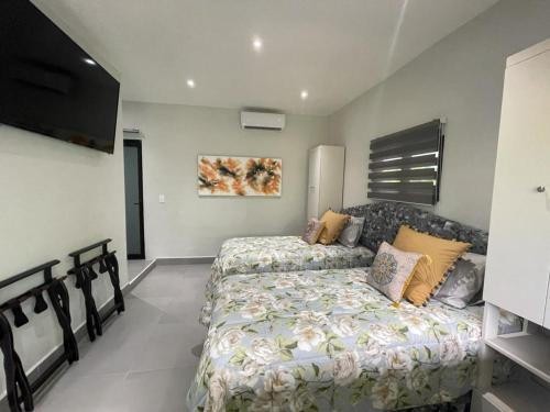 a bedroom with a bed and a flat screen tv at The Blue Eco Lodge in Valladolid