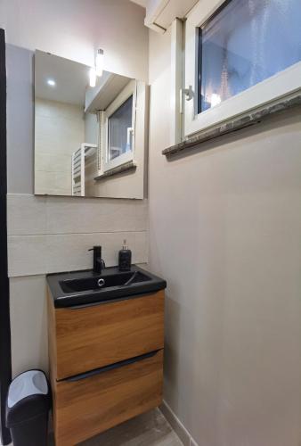 une salle de bain avec un lavabo noir et un miroir dans l'établissement Maison à la campagne, à Béning-lès-Saint-Avold