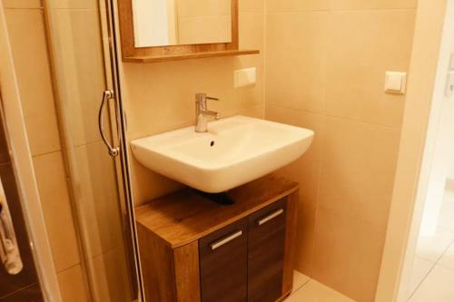 a bathroom with a white sink and a shower at Aparthotel Vienna Airport in Himberg